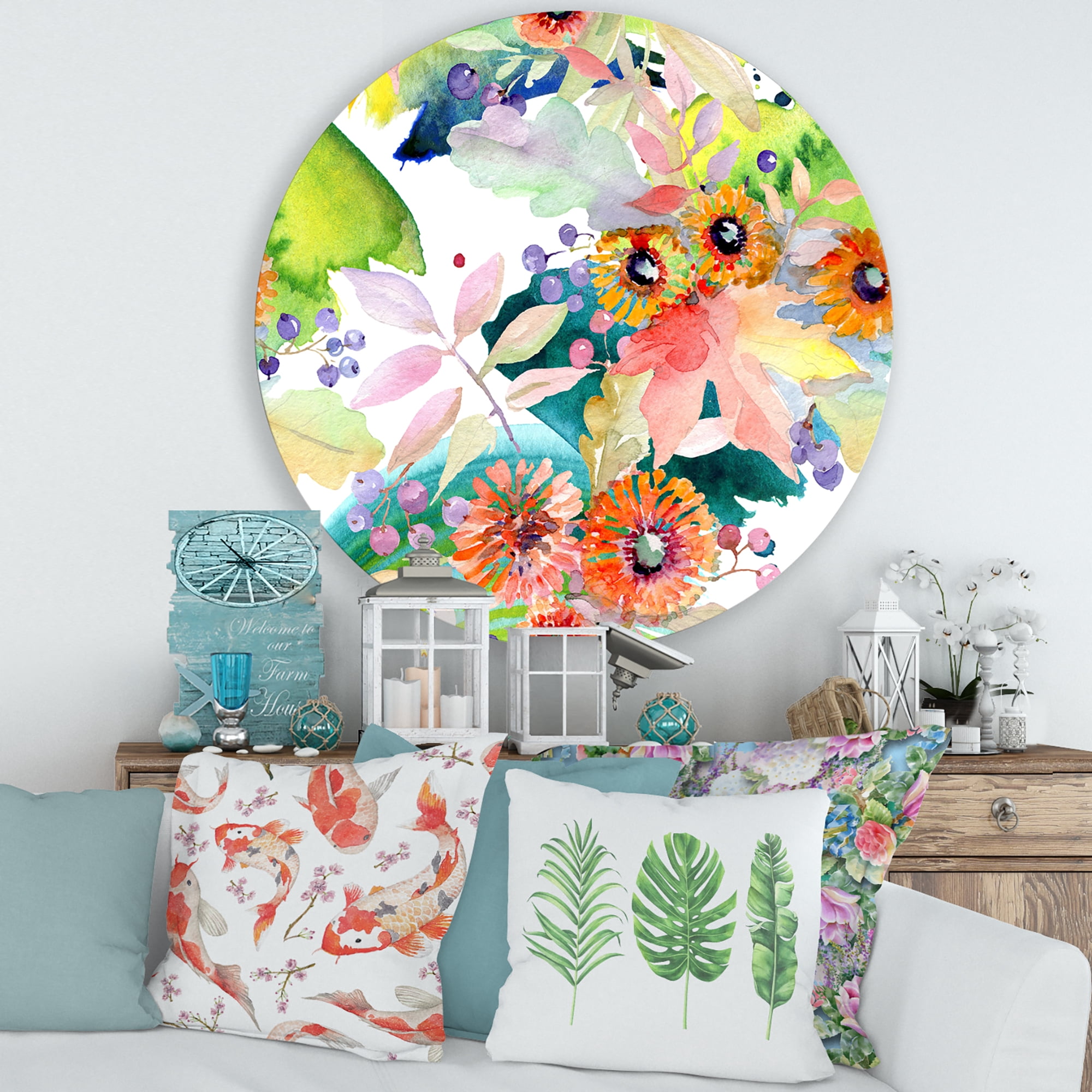 Designart 'Vital Wild Spring Leaves and Wildflowers III' Modern Circle Metal Wall Art 36x36 - Disc of 36