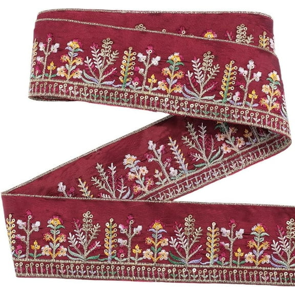 2.5 Inch Dark Red Embroidered Ribbon Trim Boho Flower Jacquard Polyester Embroidery Ribbons Ethnic Floral Fabric Woven Applique for Sewing Making Crafts Clothes Dress Wedding Party Supply