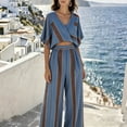 thumbnail image 4 of Mifsaly Vacation Outfits for Women 2 Piece Set Striped Short Sleeve V Neck Wrap Crop Top and Flowy Wide Leg Pants Loose Casual Boho Beach Clothes with Pockets Blue,S, 4 of 7