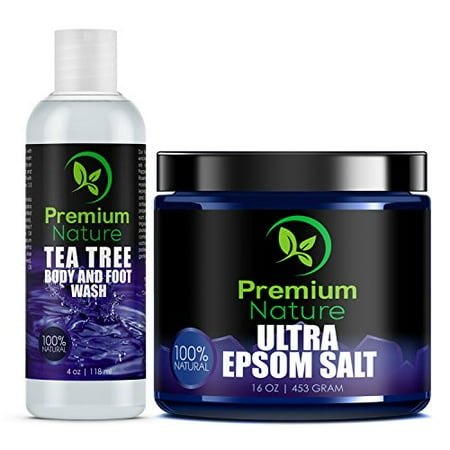 Tea Tree Oil Fungus Treatment Set - Tea Tree Body & Foot Wash 4 oz + Epsom Salt 16 oz - Antifungal Foot Soak for Athletes Foot Calluses Tiered Feet & Foot Odor - Soft Rejuvenated Skin - Premium