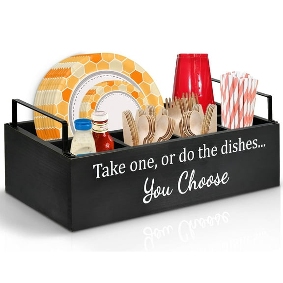 Paper Plate Holder for Kitchen Counter, Wood Utensil Caddy Paper Plater Dispenser under Cabinet, Black Silverware Holder for Party with Large Cup Holder, Kitchen Storage and Organization