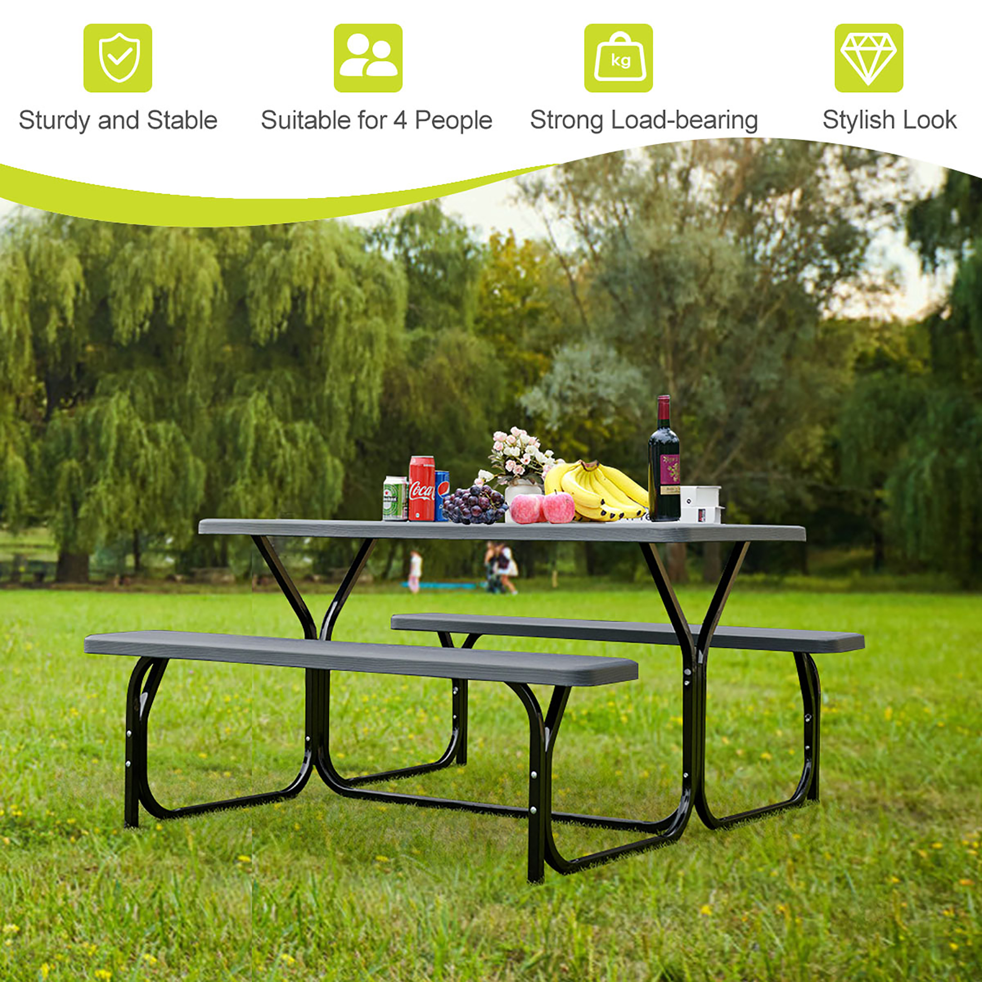 Costway Picnic Table Bench Set Outdoor Backyard Iron Patio Garden Party Dining All Weather Black - image 5 of 8