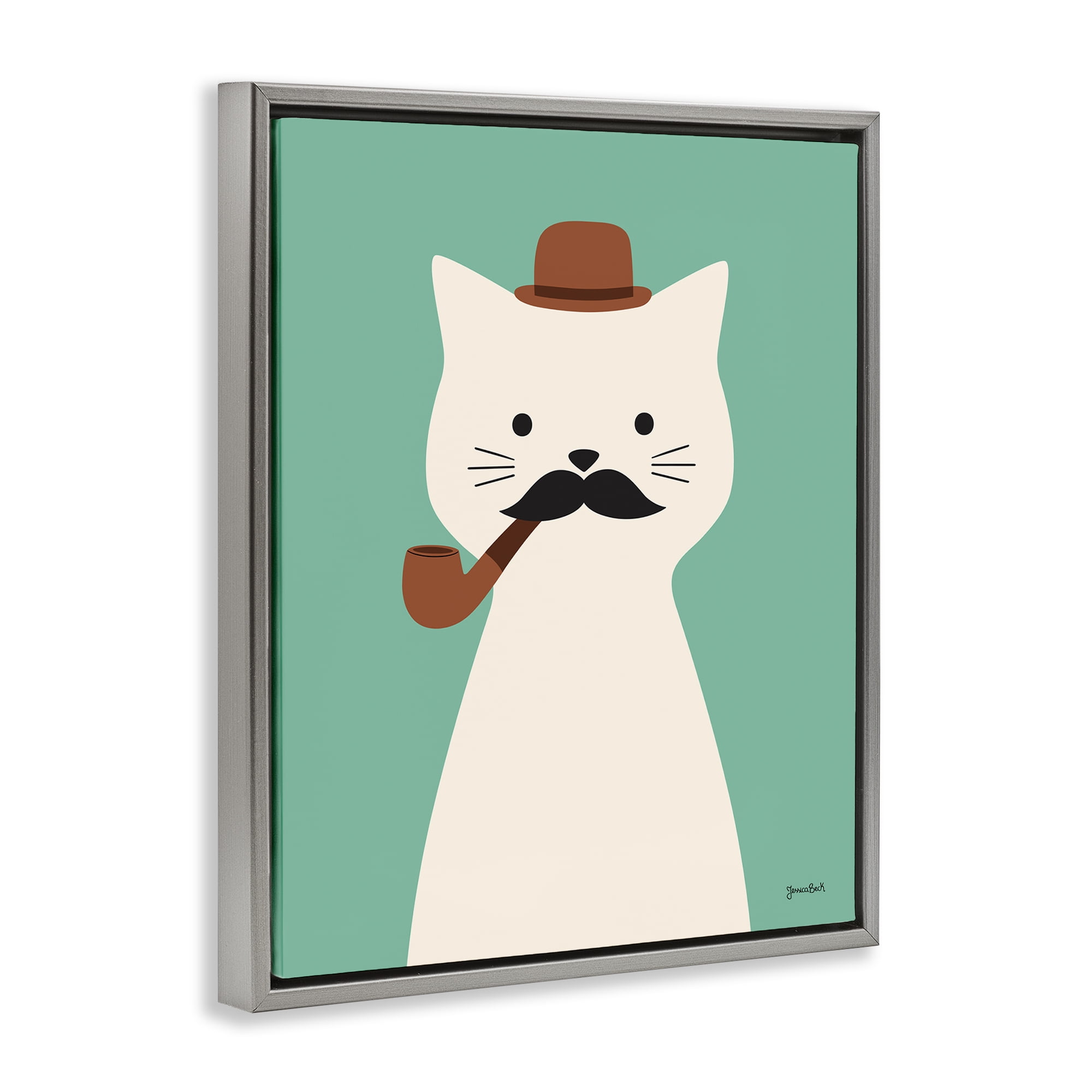 Stupell Industries Cat Smoking Pipe Animals Painting Gray Floater Framed Canvas Art Print Wall Art, 17 x 21