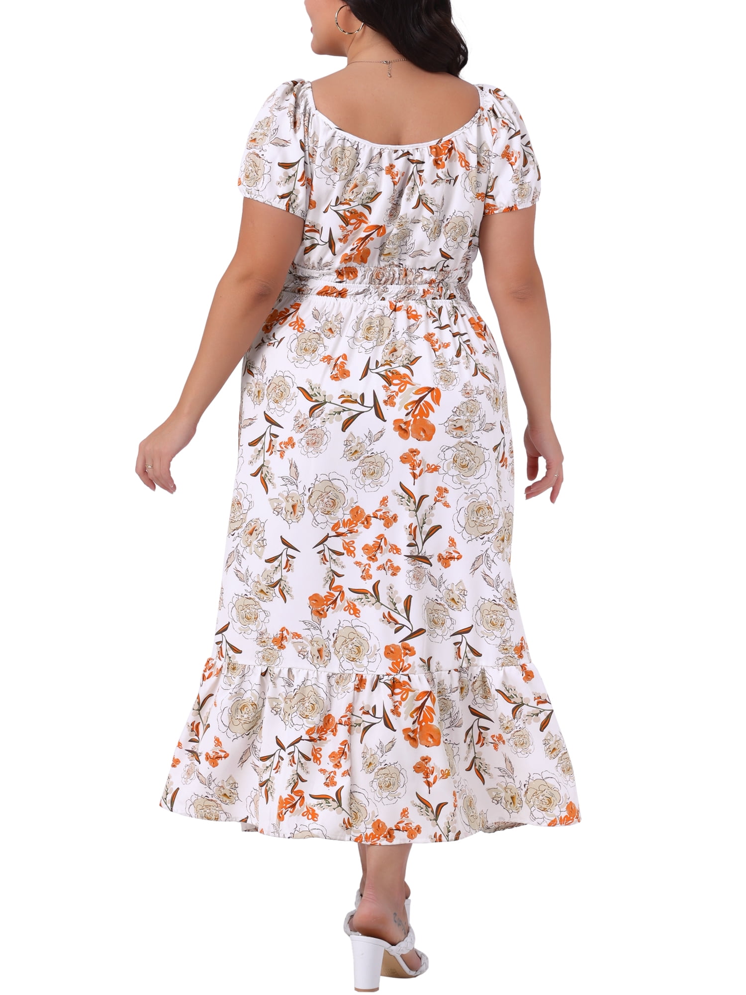 DARING DIVA Plus Size Square Neck Floral Print Short Sleeves Dress 1X White