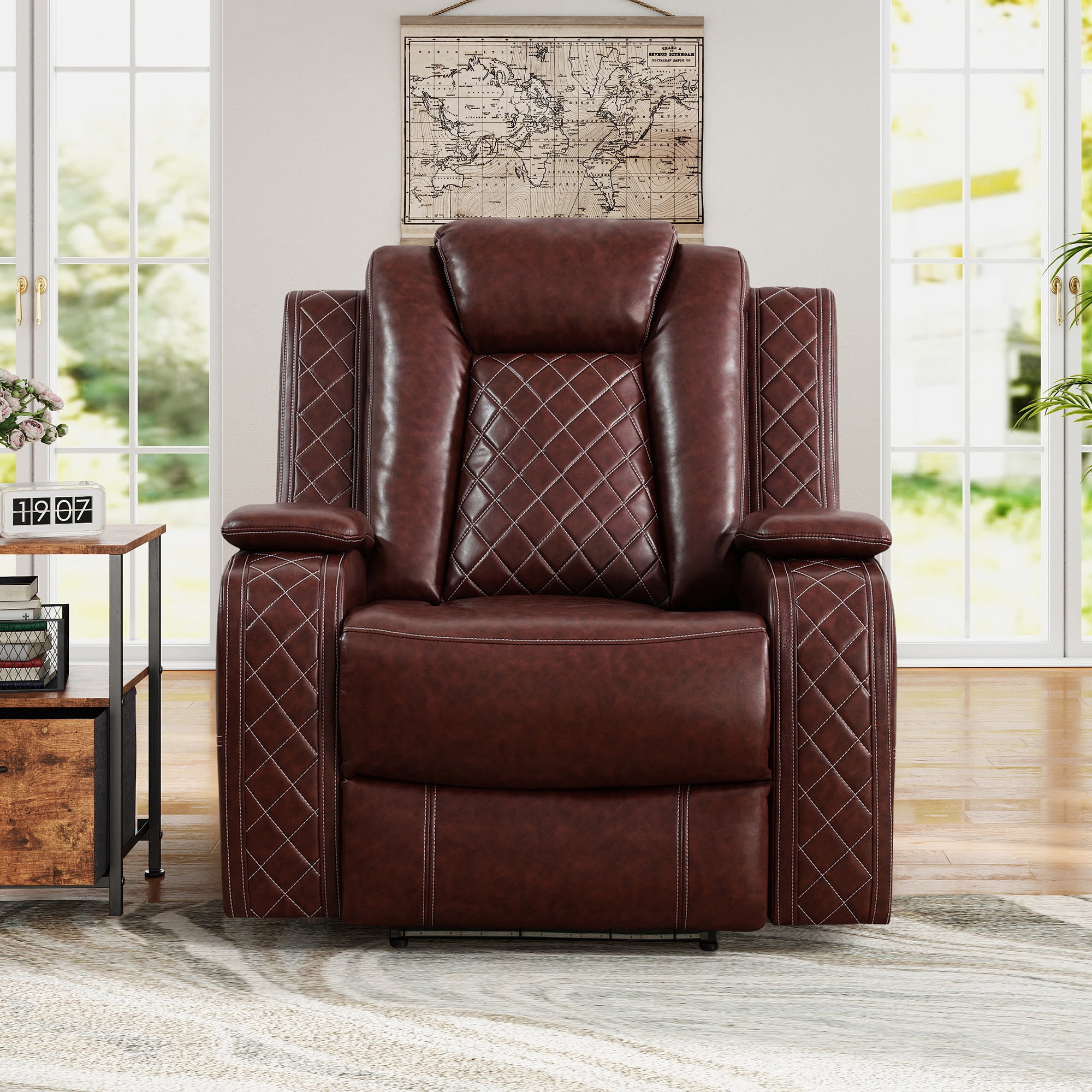 Aukfa Power Recliner Sofa Chair W/ Storage and USB for Living Room,Leather, Brown