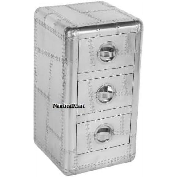 NauticalMart Aviator Furniture Wood & Aluminum Side Table with 3 Drawer Storage Bedside Table/Night Stand End Table for Living Room, Bedroom