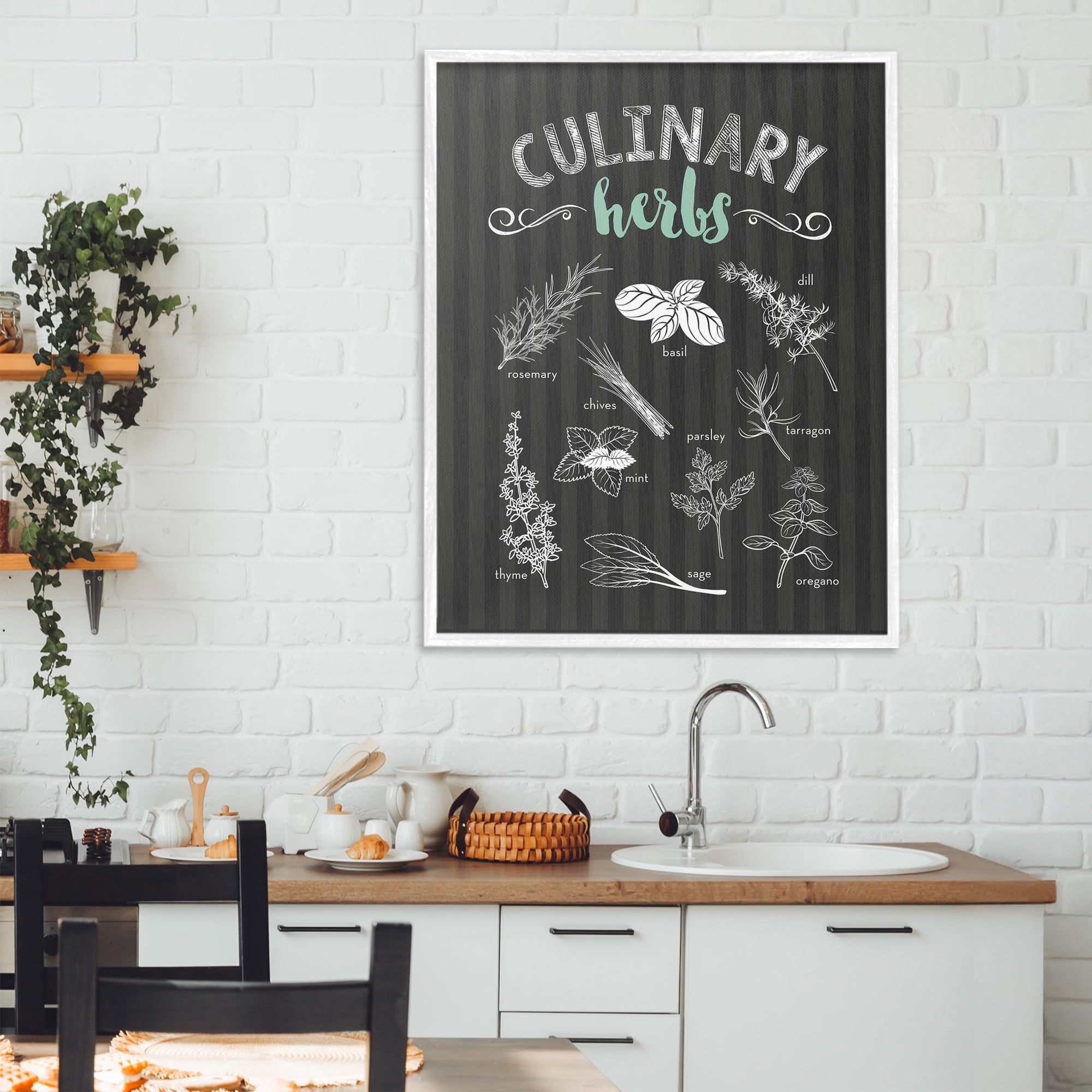 Culinary Herbs on Stripes White Framed Giclee Art, design by Lettered and Lined