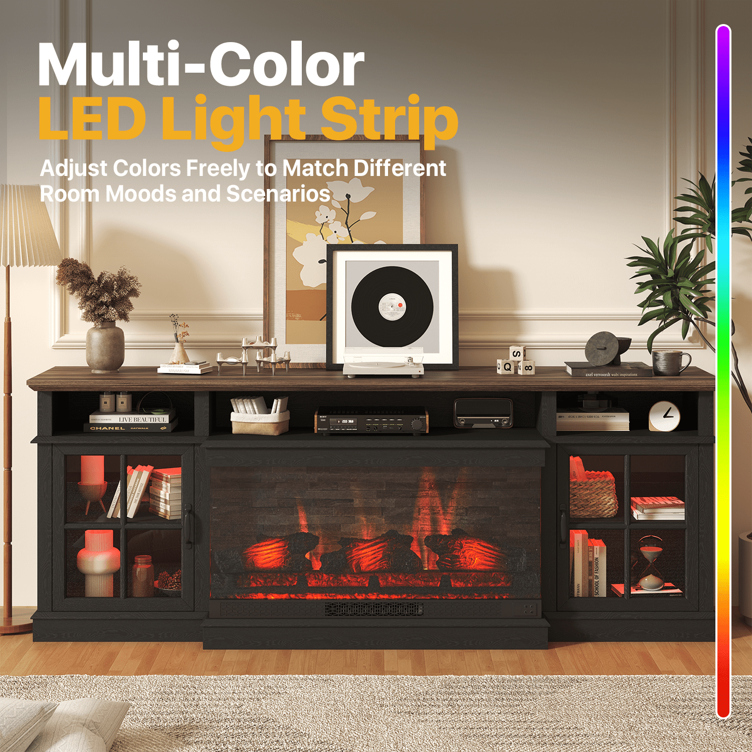 Sonegra 70 inch Fireplace TV Stand for TVs up to 80" with Electric Fireplace, Farmhouse Entertainment Center with LED Lights and Glass Door, Modern TV Consoles for Living Room, Black