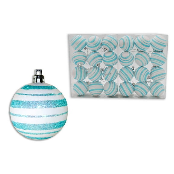 24 Pack of Matte White Ball Ornaments with Aqua Glitter Lines