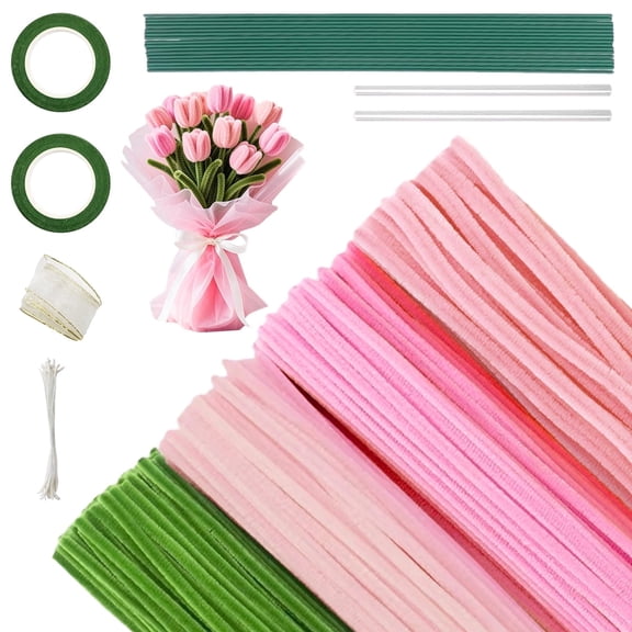 400PCS Pipe Cleaners Craft Kit,Chenille Stems for DIY Flower Making,Floral Wire, Gardening Tape,Stamen & Ribbon Set,Pink Craft Supplies
