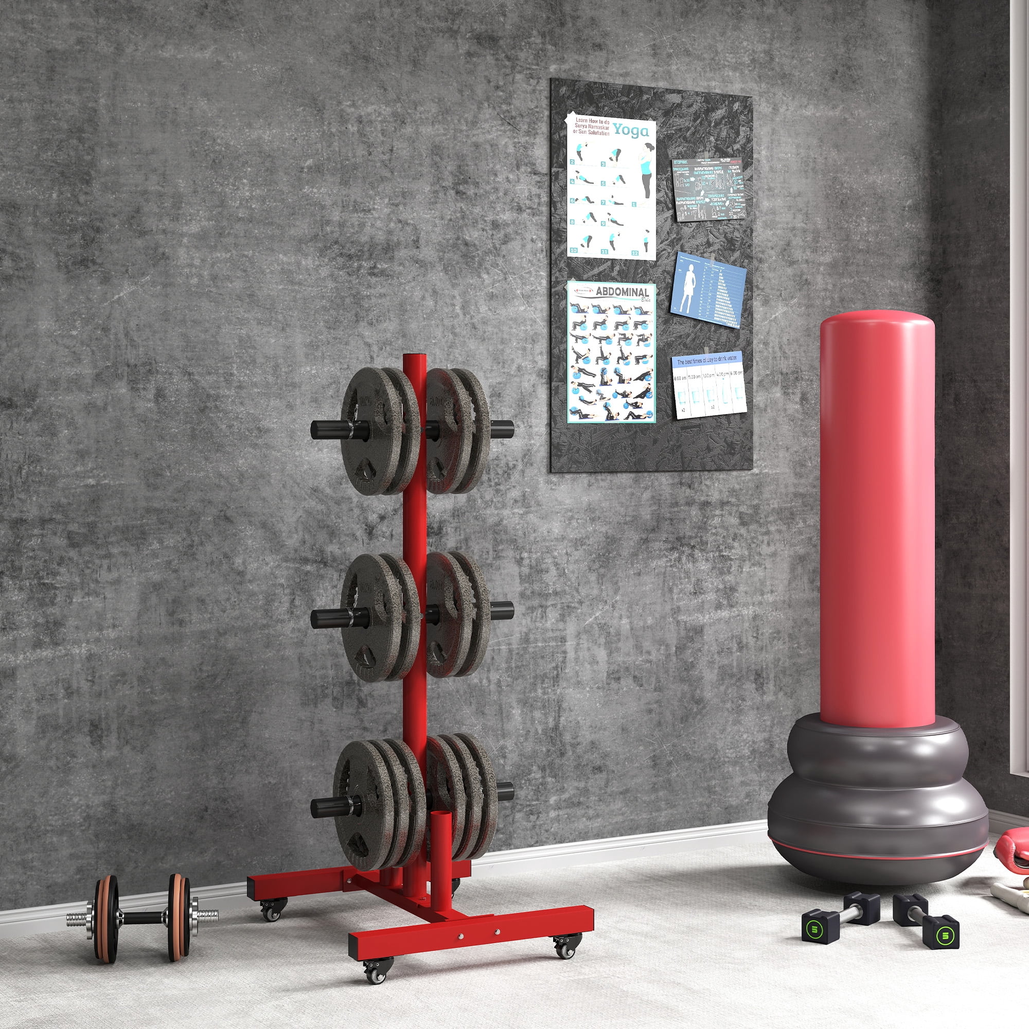 Soozier Olympic Weight Plate Rack for 2 Bars and 2 In. Plates, Barbell Storage Stand with Transport Wheels and Fasteners, 440 lbs. Capacity, Red