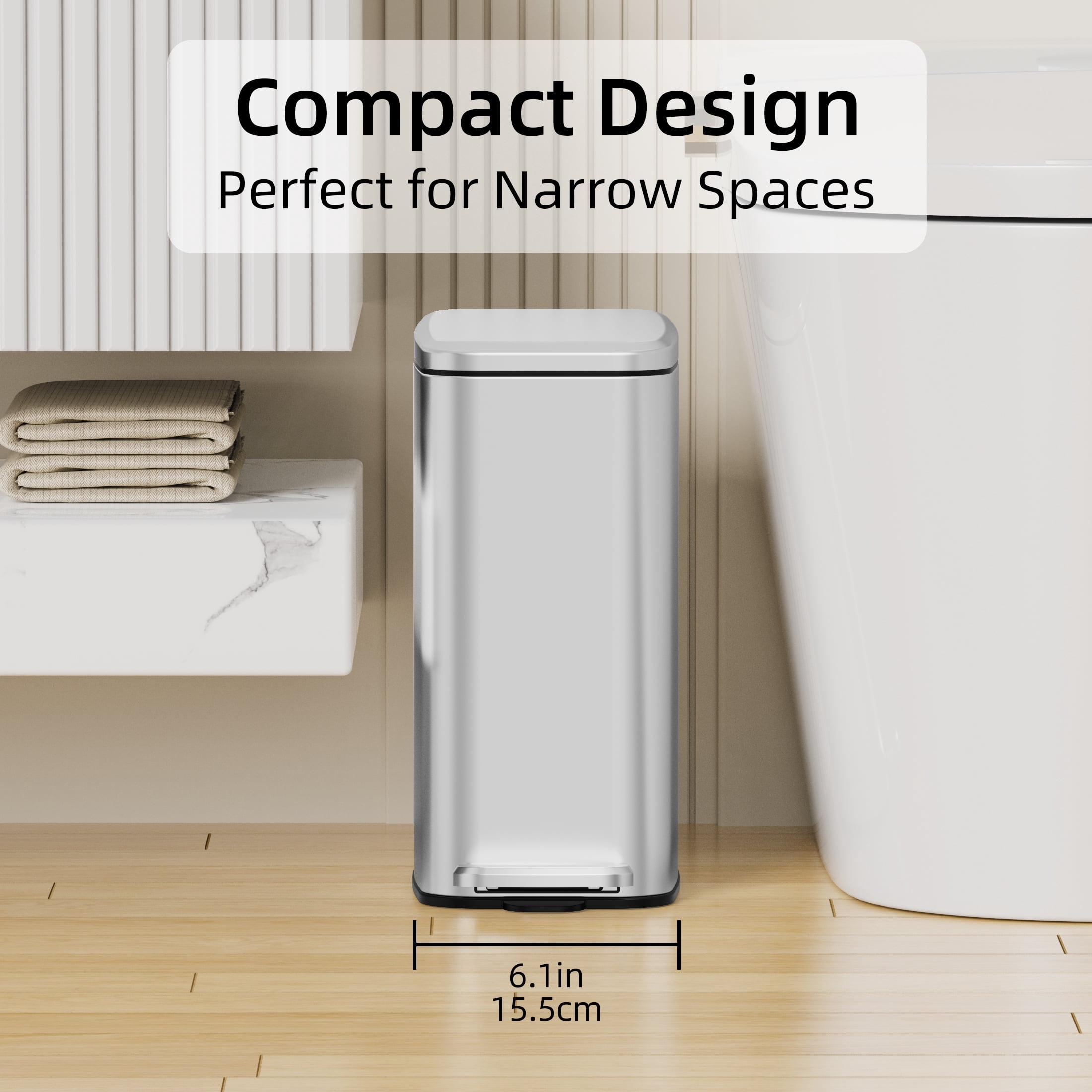 KSSKSS 1.6 Gallon/6L Small Bathroom Steel Step Trash Can, Soft-Close Lid & Fingerprint-Proof, Slim Wastebasket for Narrow Spaces (Silver)