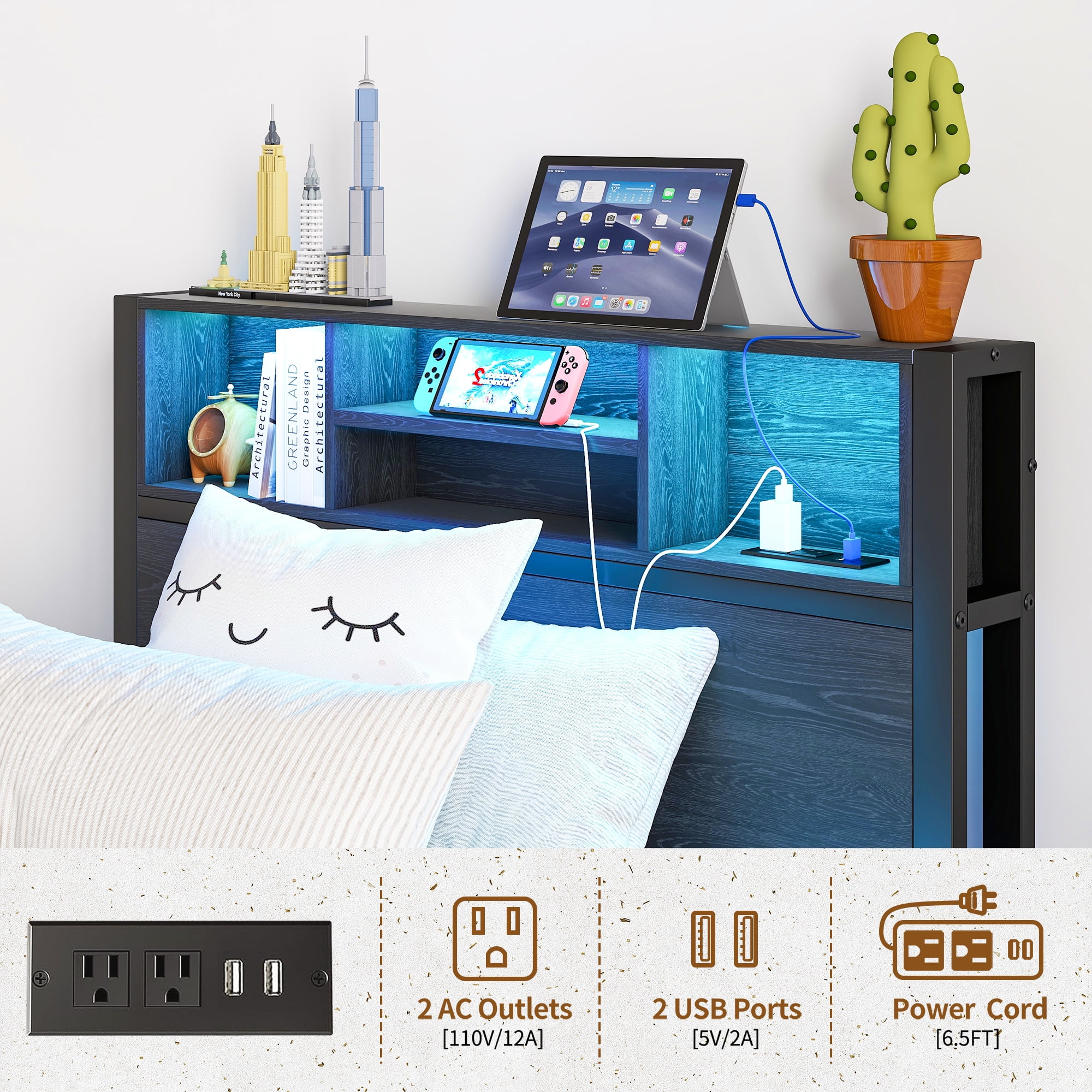 Yoneston Twin Size Bed Frame with Storage Headboard and LED Light, Metal Platform Bed with Charging Station & Bookcase Storage, Black