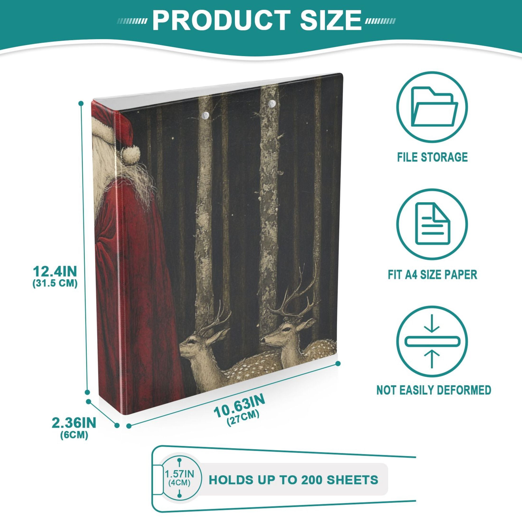 Santa and Deers Trees 3 Ring Binders 1.5 inch Hardcover File Folders with Interior Pockets A4 Size Organizer for School Office Hospital