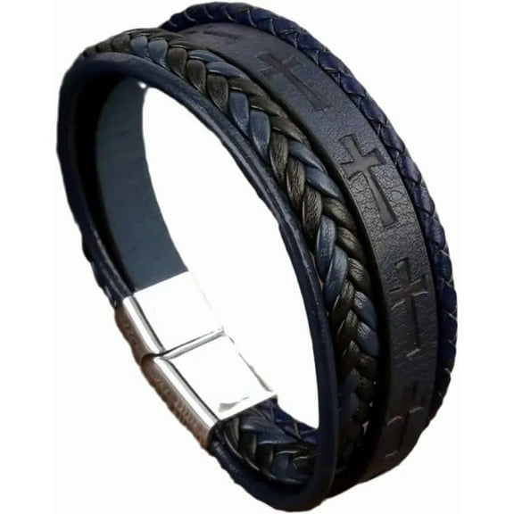 Mens Leather Cross Bracelet Multi-Layer Braided Faith Bracelet Religious Wristband Father's Day 8.5" Memory Bangle with Stainless Steel Buckle