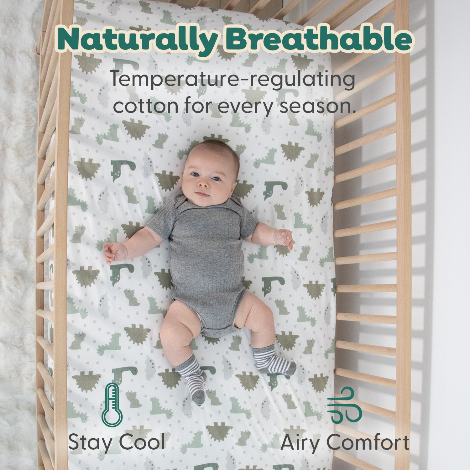 The Peanutshell Organic Cotton Crib Sheets, Sage Dino, 2-Pack photo 3