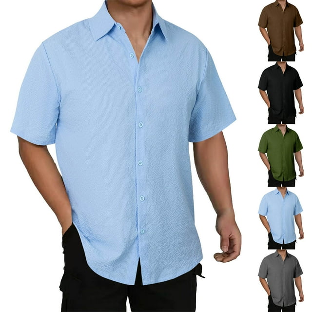 Txeol Weekly Sale Mens Button Down Linen Shirts Short Sleeve Casual Lapel Collared Summer Solid Color Beach Holiday Tops,Black,XXL