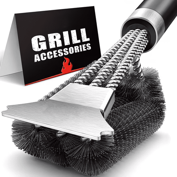 2-Pack TFS Triple-Head Stainless Steel Grill Brush with Scraper – Heavy-Duty Cleaning Tool for Outdoor BBQ Grills