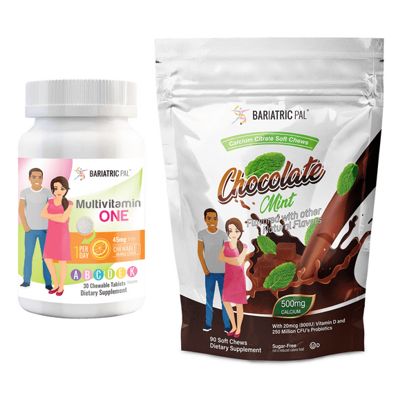 Gastric Band Complete Vitamin Pack - Chewables Size: 1-Month Supply, BariatricPal Multivitamin ONE: Orange Citrus Chewable with 45mg Iron, BariatricPal Calcium Citrate Soft Chews: Chocolate Mint