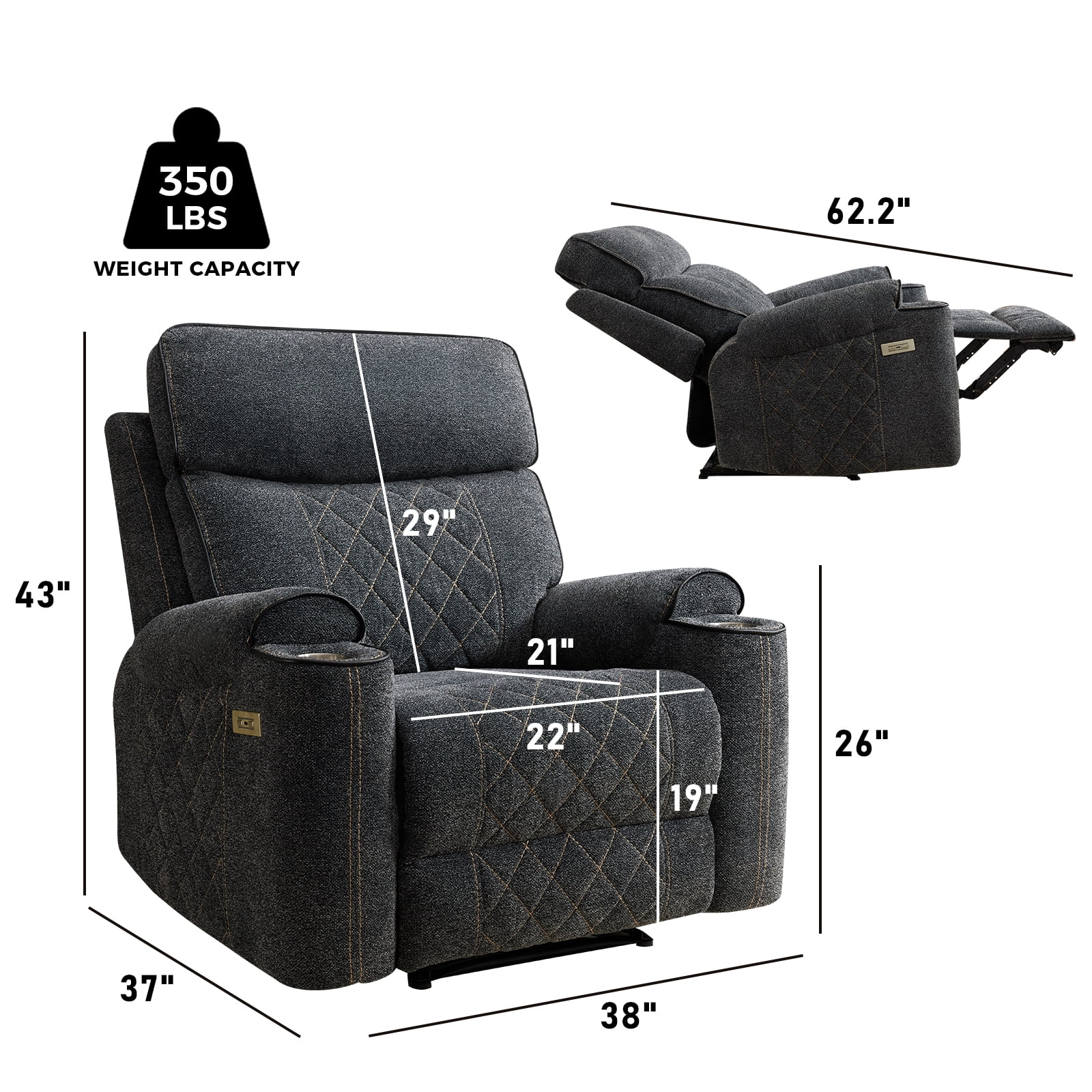 Bonzy Home Electric Power Recliner Chair, USB Ports, Cup Holders, Home Theater Seating