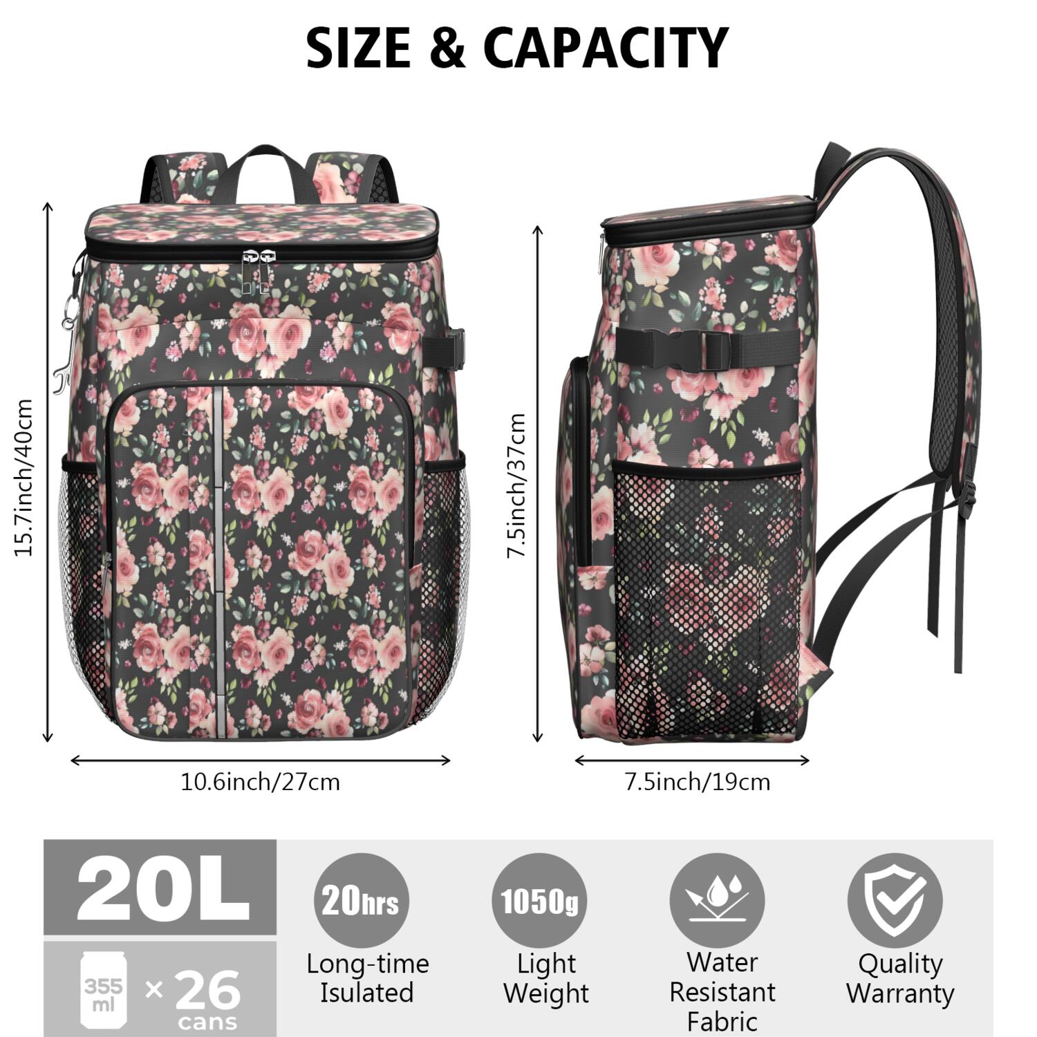 Travel Cooler Bag - Pioneer Flower Floral Print Pattern Camping Beer Cooler Backpack with Bottle Opener- Waterproof Insulated Picnic Backpacks - Cooler Bag for Beach