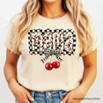 thumbnail image 2 of Checkered Cherry Disco Mama T-Shirt, White and Natural Coquette Bow Tee for Trendy Mothers, 2 of 8