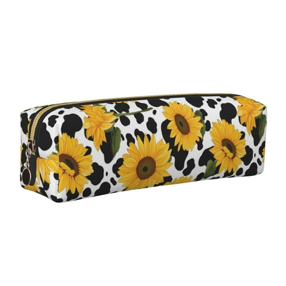 Disketp Cow Print Sunflower Estuche de Lápices de Cuero con Cierre, Estuche Compacto para Papelería, Bolígrafos y Accesorios Pequeños