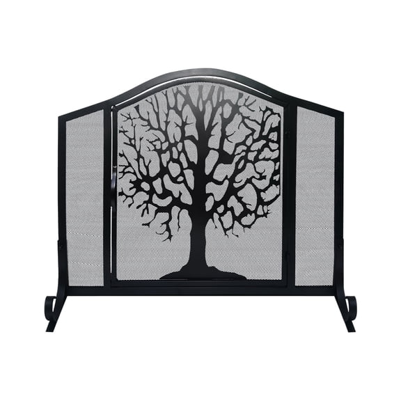 43 Inches 3 Panel Iron Fireplace Screen Mesh Design Arched Top Tree of Life Art Black - Saltoro Sherpi