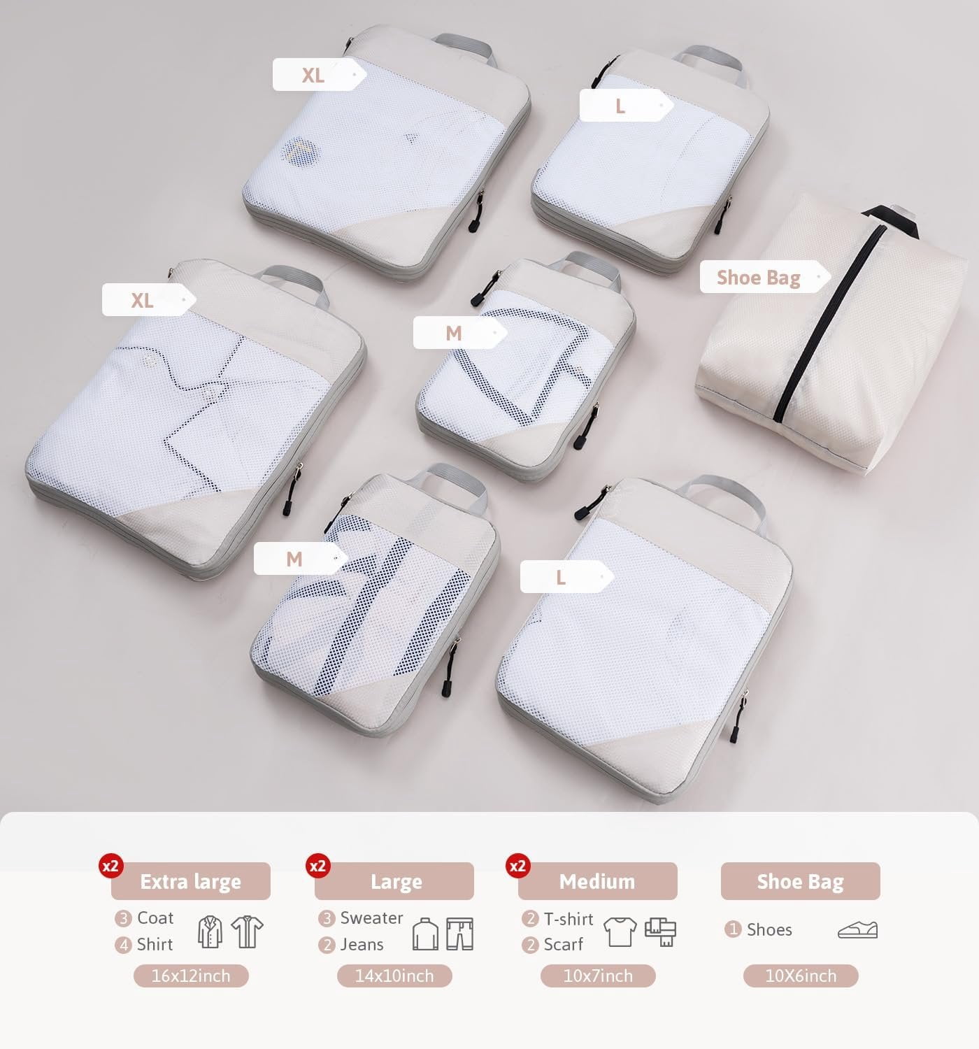 7 Set Compression Packing Cubes for Travel, Durable Ripstop Mesh Suitcase Organizer with Shoe Bag, Ultralight & Expandable Space Saver Travel Cubes