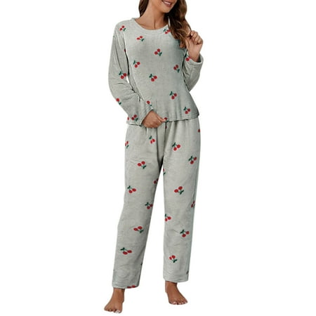 

Women Nightwear Casual Pajamas Sets Coral Long Sleeve Tops And Long Pants Cherry Printed Sleepwear 2PCS Set