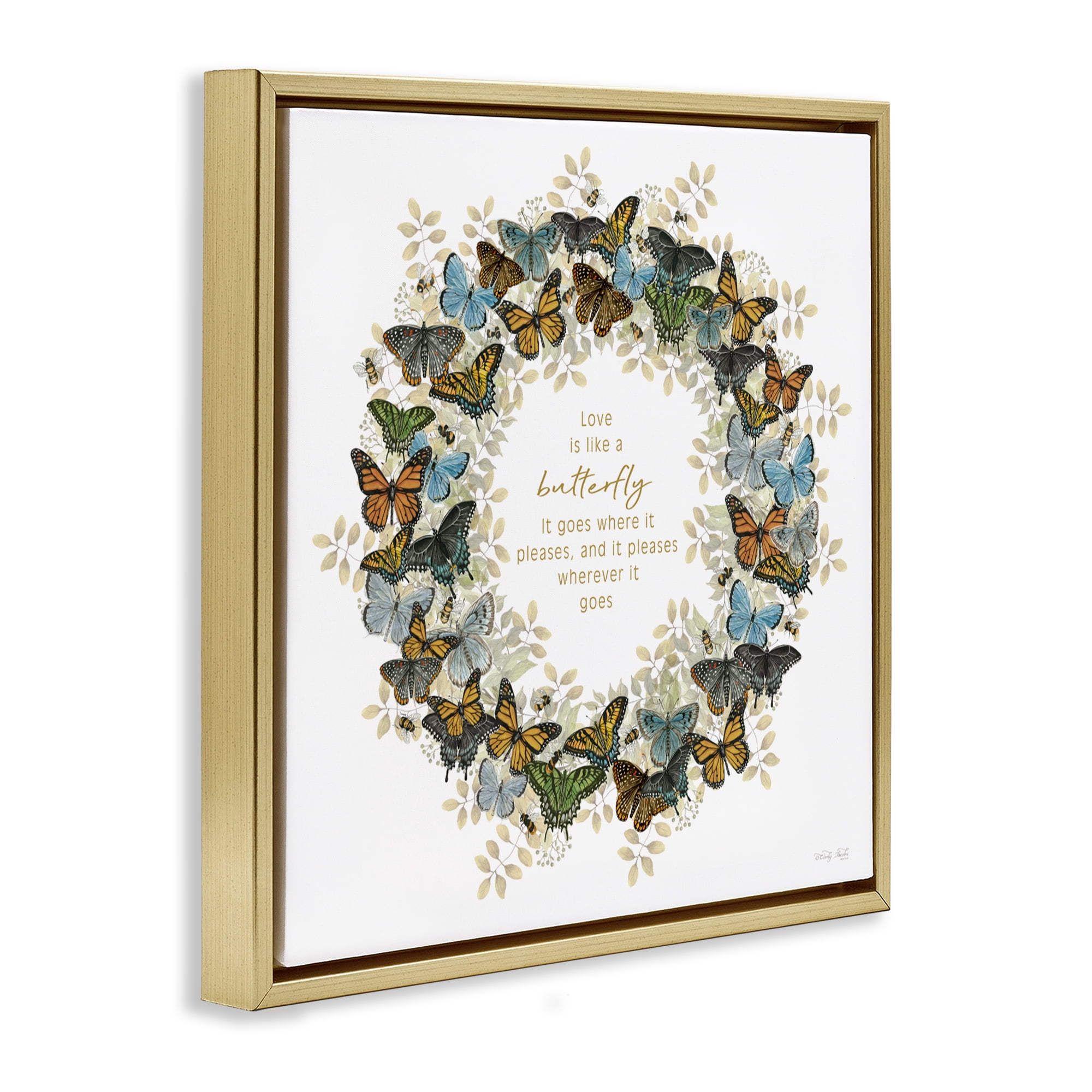 Stupell Industries Life Is Like A Butterfly Wreath Gold Framed Floater Canvas Wall Art, design by Cindy Jacobs