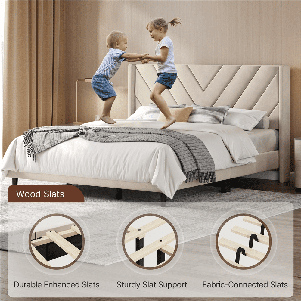 Renwick Upholstered Platform Bed Frame with Wooden Slat Support, King, Beige