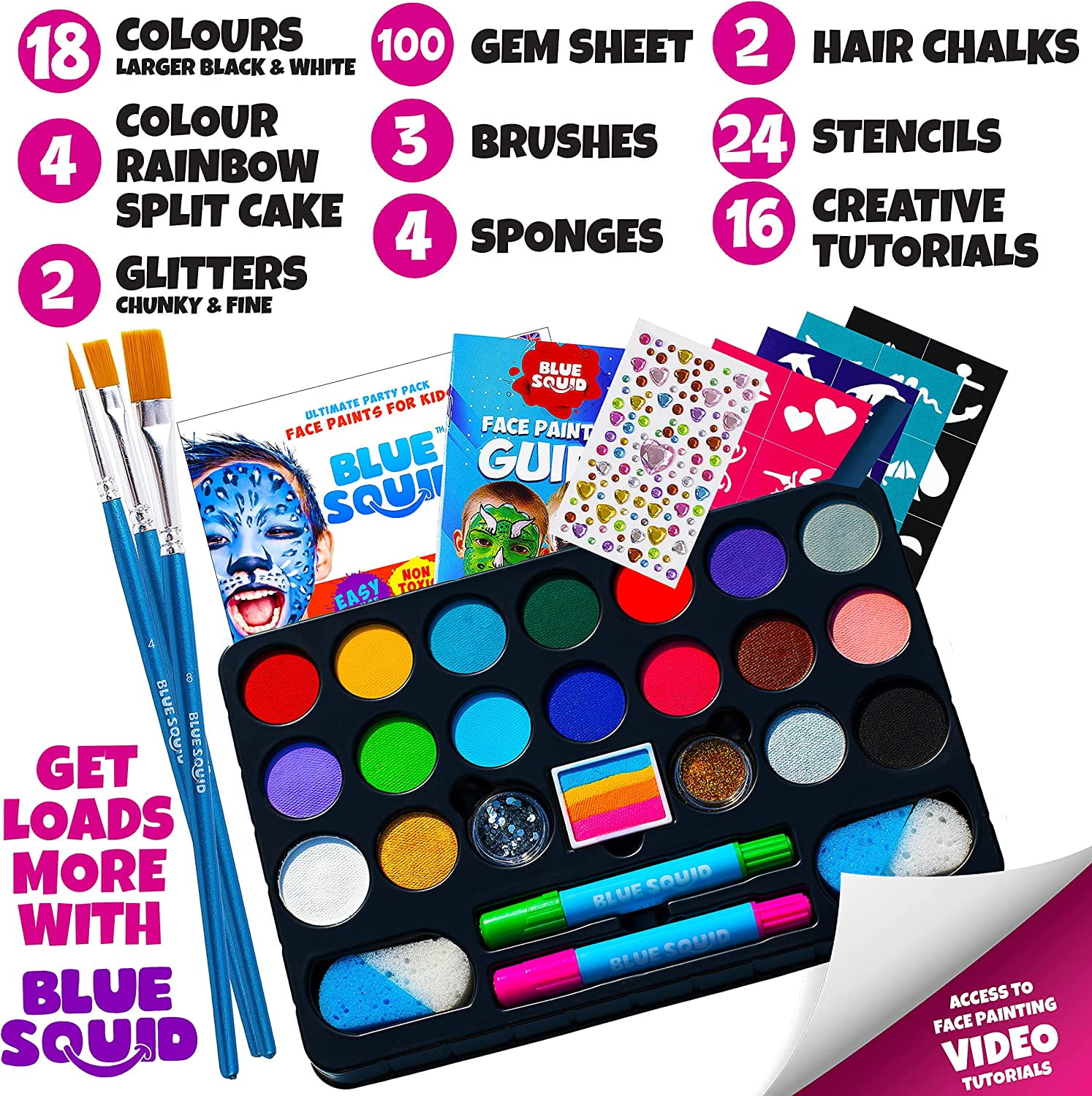 Face Paint Crayons for Kids, Blue Squid 36 Jumbo 3.25 Face & Body Painting Makeup Crayons, Safe for Sensitive Skin, 8 Metallic & 28 Classic