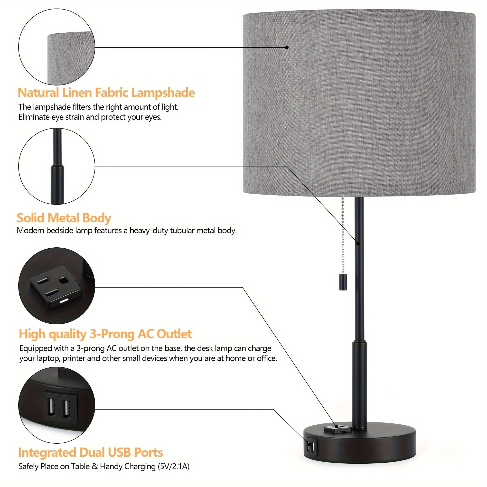 Modern Style Large Table Lamp Set, with 2 USB Ports And a 3-Hole AC Socket Table Lamp, Suitable for Bedroom, Living Room, Study, Including LED Light Bulb, 21.7 Inches High