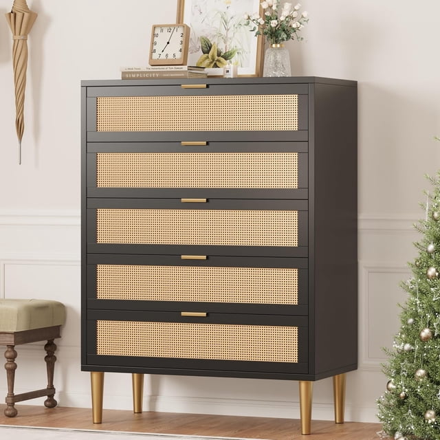 Commode à 5 Tiroirs en Rotin, Commode Étroite de 44 Pi de Hauteur, Armoire de Rangement Rustique en Bois avec Pattes et Poignées en Métal, Commode Moderne