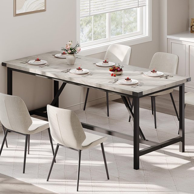 BeesClover Dining Table for 6 with Corner Iron Protector, a 71-inch rectangular wood kitchen table with a grey finish and H-frame heavy-duty metal legs. Ideal for dining rooms or kitchens, it comfortably seats 6-8 people and features reinforced corners for durability. The table is shown in a bright dining room with four chairs and tableware, highlighting its industrial design and spacious surface for family gatherings or dinner parties.