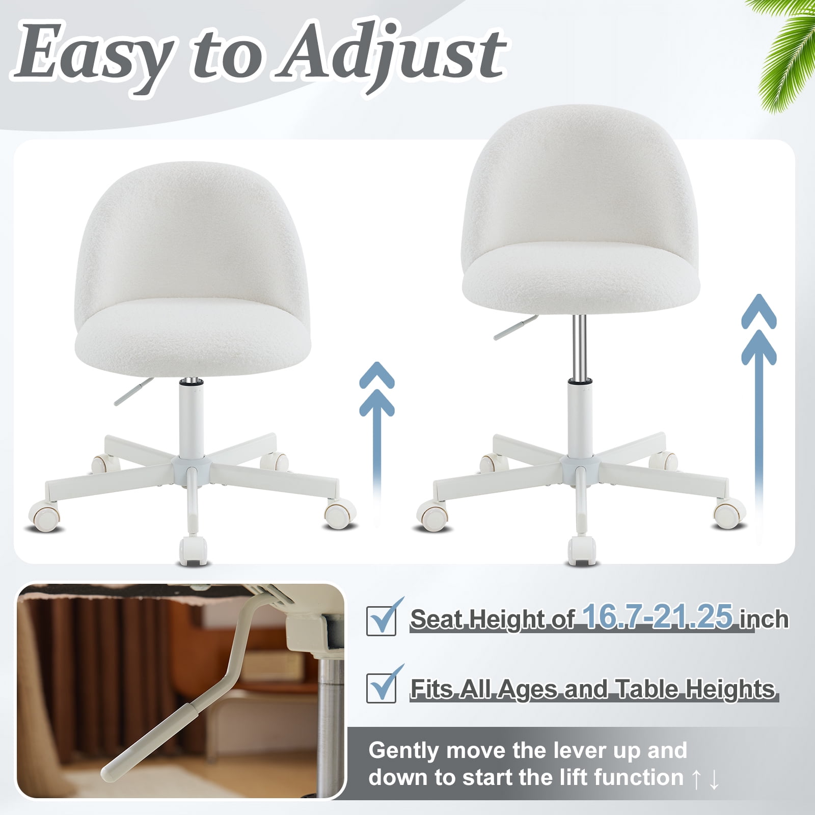 Ktaxon Armless Home Office Desk Chair Cute Mid Back Vanity Stool Teddy Velvet Swivel Task Chairs with Wheels White