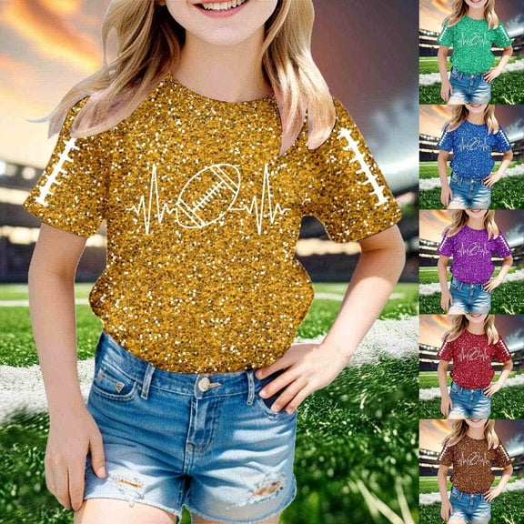 Girls Tshirts Children Glitter Motif Tee Short Sleeve Round Neck Fashion Top Girls Tops Blue 8-9 Years