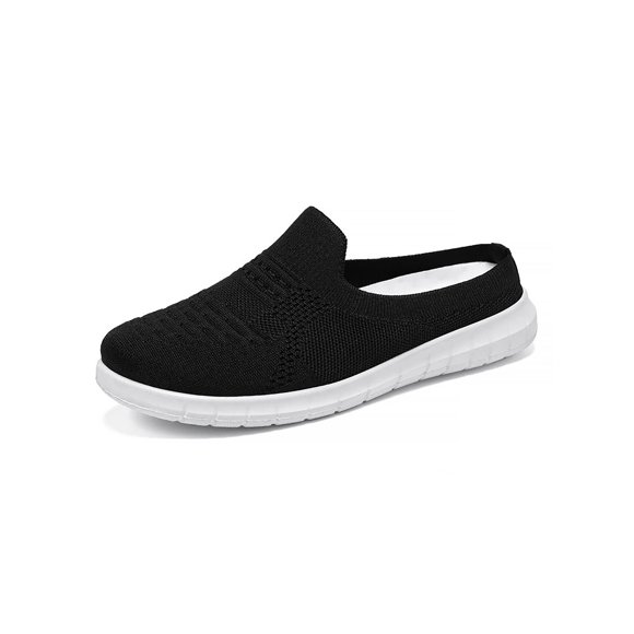 Avamo Women's Knit Flats Backless Mules Shoes Half Drag Sneakers Lightweight Slides Driving Walking Shoe Black 7