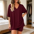 thumbnail image 2 of GILIGEGE Women 2 Piece Lounge Set V Neck T-Shirts Tops Solid Color Set Workout Casual Side Split Matching Tracksuit Casual Oversized Shirts Biker Shorts Matching Airport Travel Outfit Clothes Wine, 2 of 6