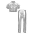 thumbnail image 4 of iiniim 2 Pcs Girls Hip Hop Sequins Costume Sparkly Short Sleeve Tank Tops with Metallic Leggings Silver 10, 4 of 7