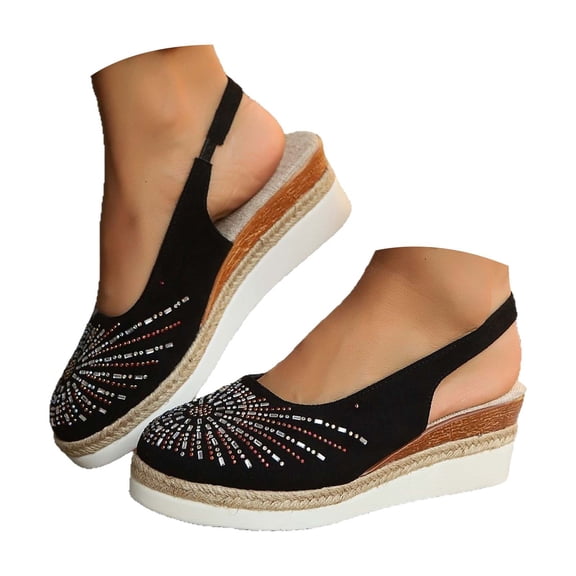 AUDeals Women's Ballet Flats Wedge Dress Shoes Soft Knit Ankle Strap Rhinestone Round Toe Comfortable Office Flats (Black, 7.5)