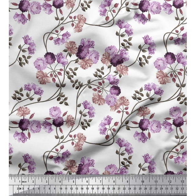 Soimoi Poly Georgette Fabric Leaves & Peony Floral Printed Fabric 1 Yard 52 Inch Wide
