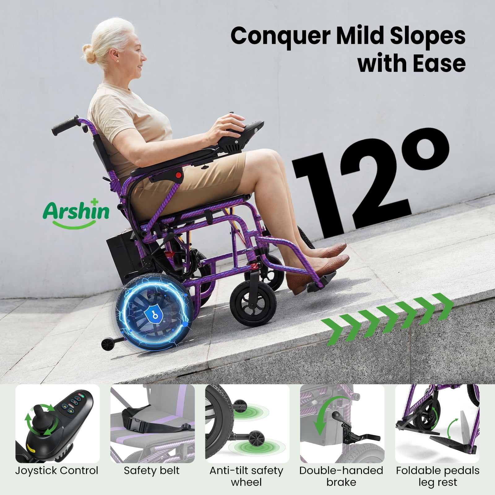 Arshin Electric Wheelchair Lightweight Foldable,20+ Miles Electric Wheelchairs for Adults,360°Joystick Motorized Wheelchair,286+ lbs Capacity,Purple
