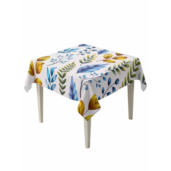 Watercolor Botanical Suqare Tablecloth - 60 x 60 Inch, Blue Yellow Leaves Floral Plants Spring Waterproof & StainResistant Tablecloth, Washable Oil-proof Table Cover for Dining/Party/Wedding/Buffet