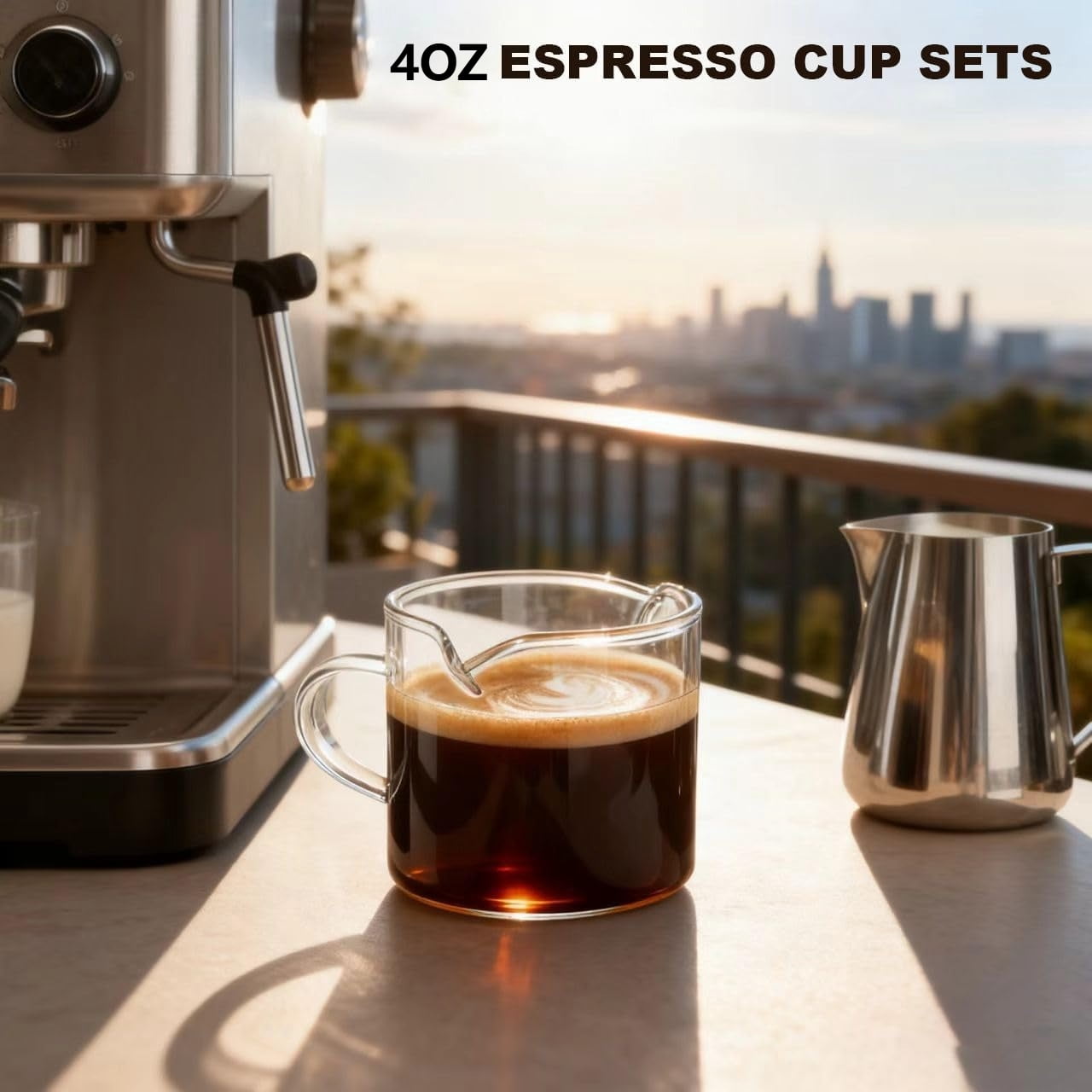 4 OZ Espresso Cups Set of 2, Double Spouts Cups, Shot Glasses, Milk Cup with Handle, Clear Glass, Espresso Accessories for Making Coffee Desserts Salad Dressing Machine
