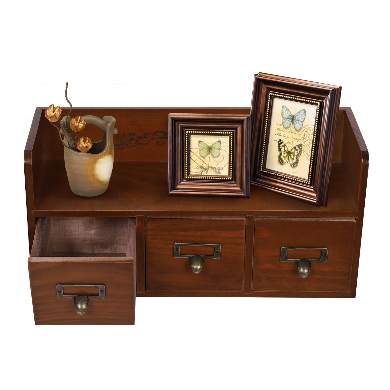 Wood Desktop Organizer with 3 Drawers, Desk Drawer Cabinet with Top Shelf Tabletop Desk Storage Drawers Vintage Supplies Organizer Brown for Bedroom Living Room Office
