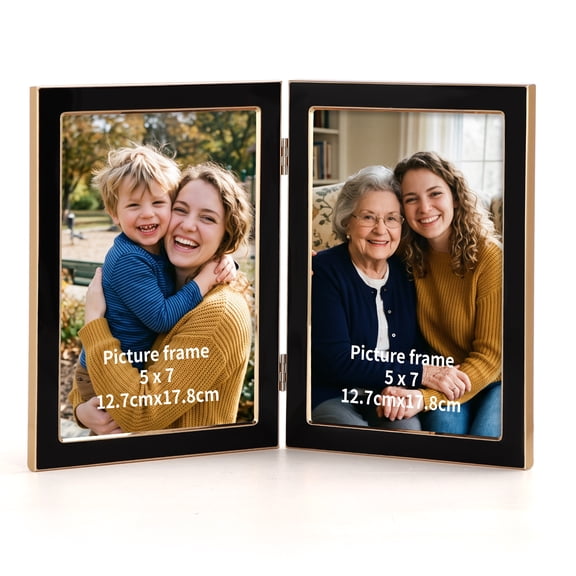 5x7 Double Aluminum Picture Frame with Tempered Glass, Metal Hinged Frame for Tabletop or Wall, Black, Gift for Father 's Day or Wedding