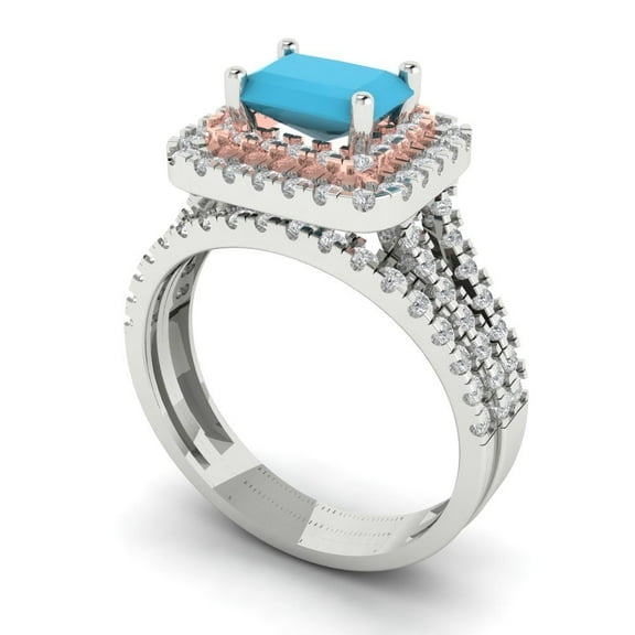 3.05ct Brilliant Emerald Cut Turquoise 18K White/Rose Gold Halo Solitaire with Accents Engagement Bridal Wedding Ring Band Set size 9.5