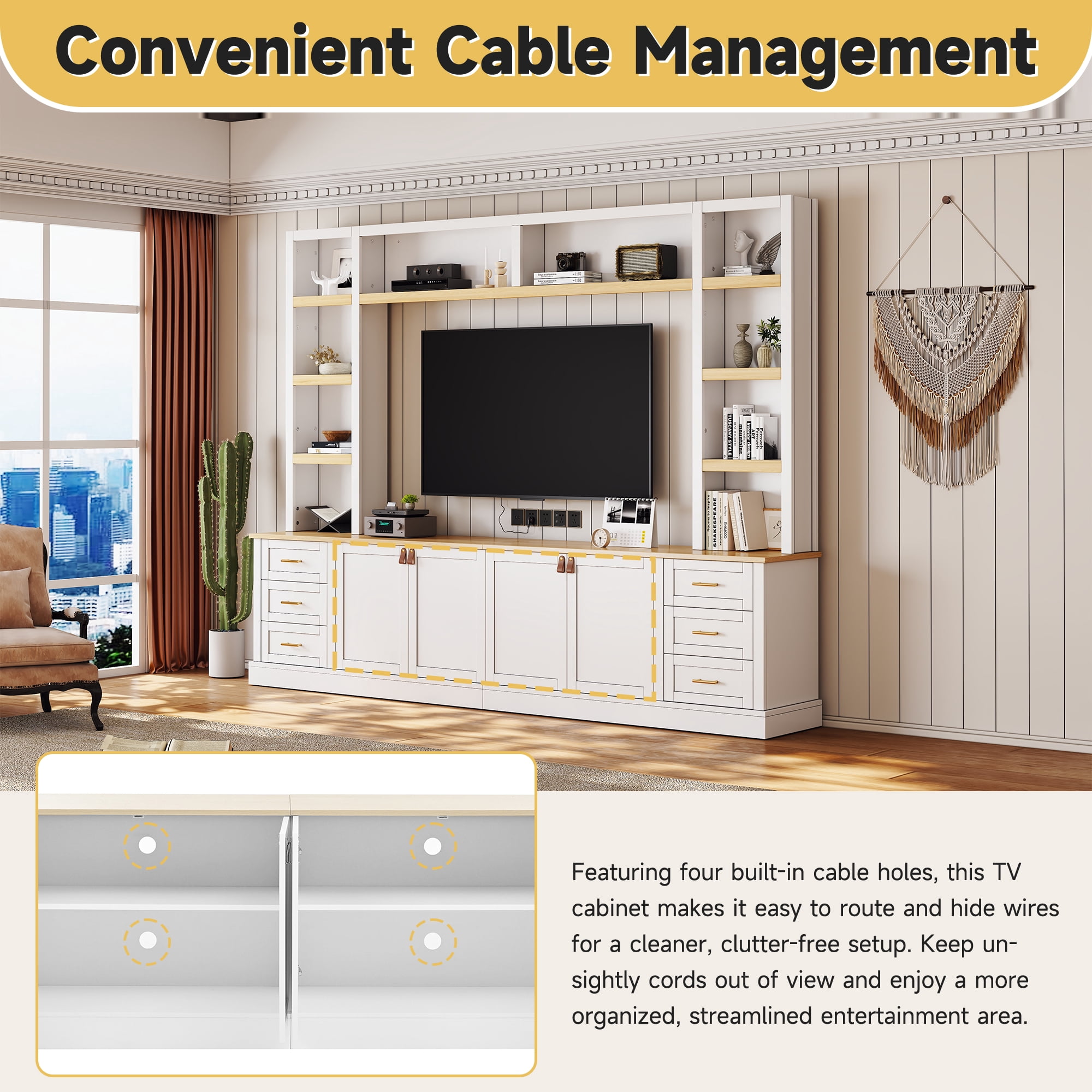 Harper & Bright Designs Farmhouse Wall Unit Entertainment Center 4-Piece with Bookshelves, Media Console with Adjustable Shelves, Large TV Stand with Storage for 75" TV, White